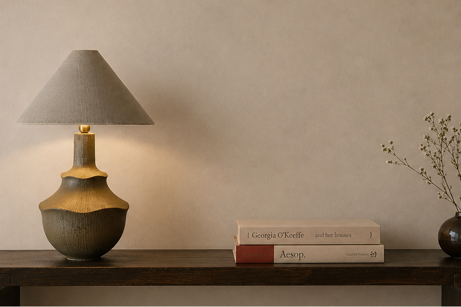 Table lamp on wooden shelf with books