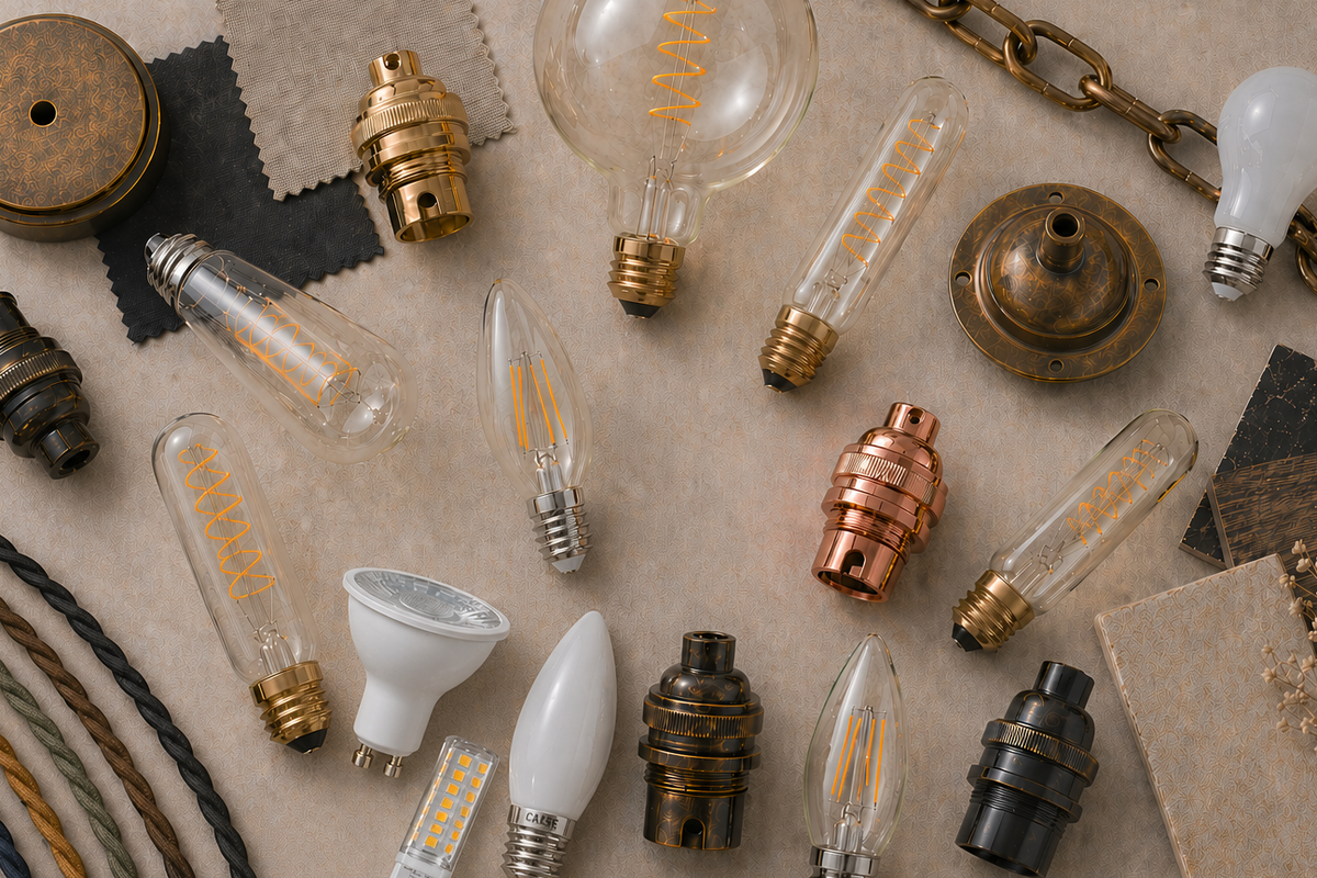 Collection of various light bulbs and decorative components on a textured surface