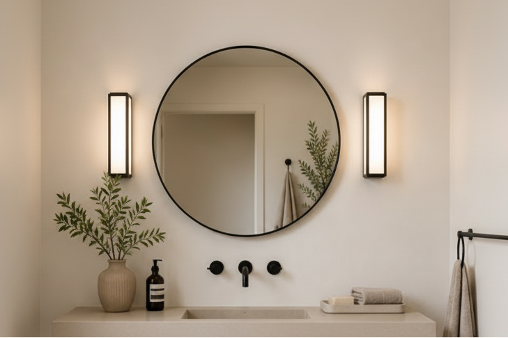 Slim Rectangular Wall Lights either side of round mirror above sink in bathroom