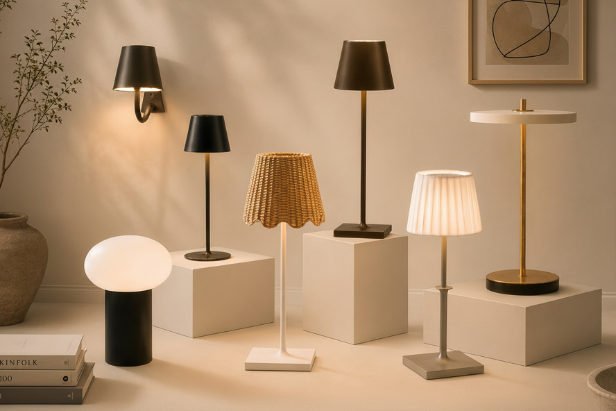 Various rechargeable lamps displayed on a neutral background with books and decor items.