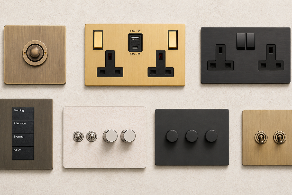 Collection of various light switches and sockets on a beige background