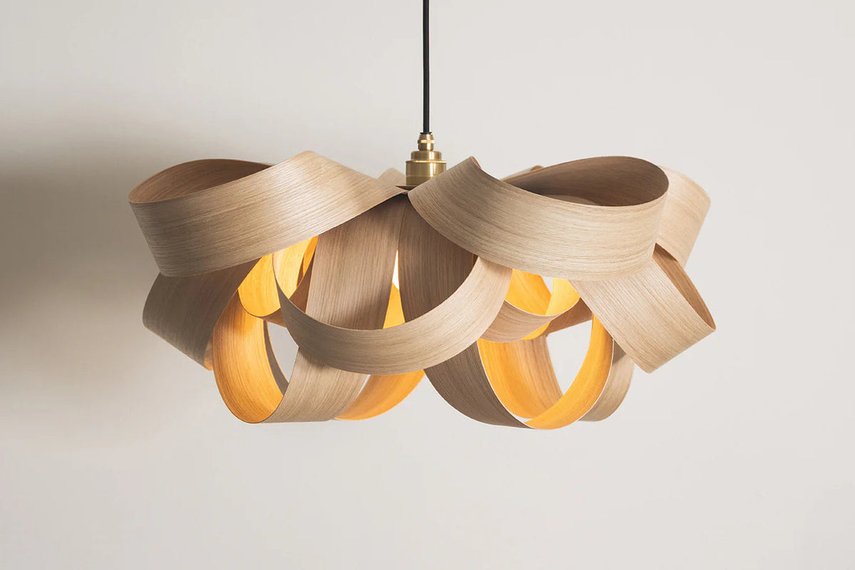 Wooden oak pendant light made of twisted wood
