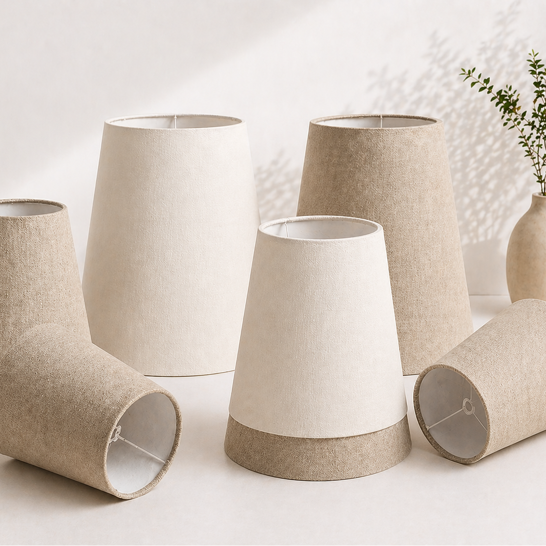 Set of beige and white lampshades on a light background