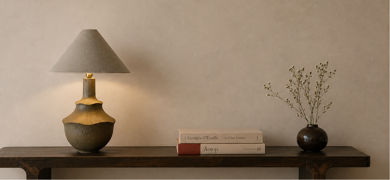 Table lamp on wooden shelf with books 