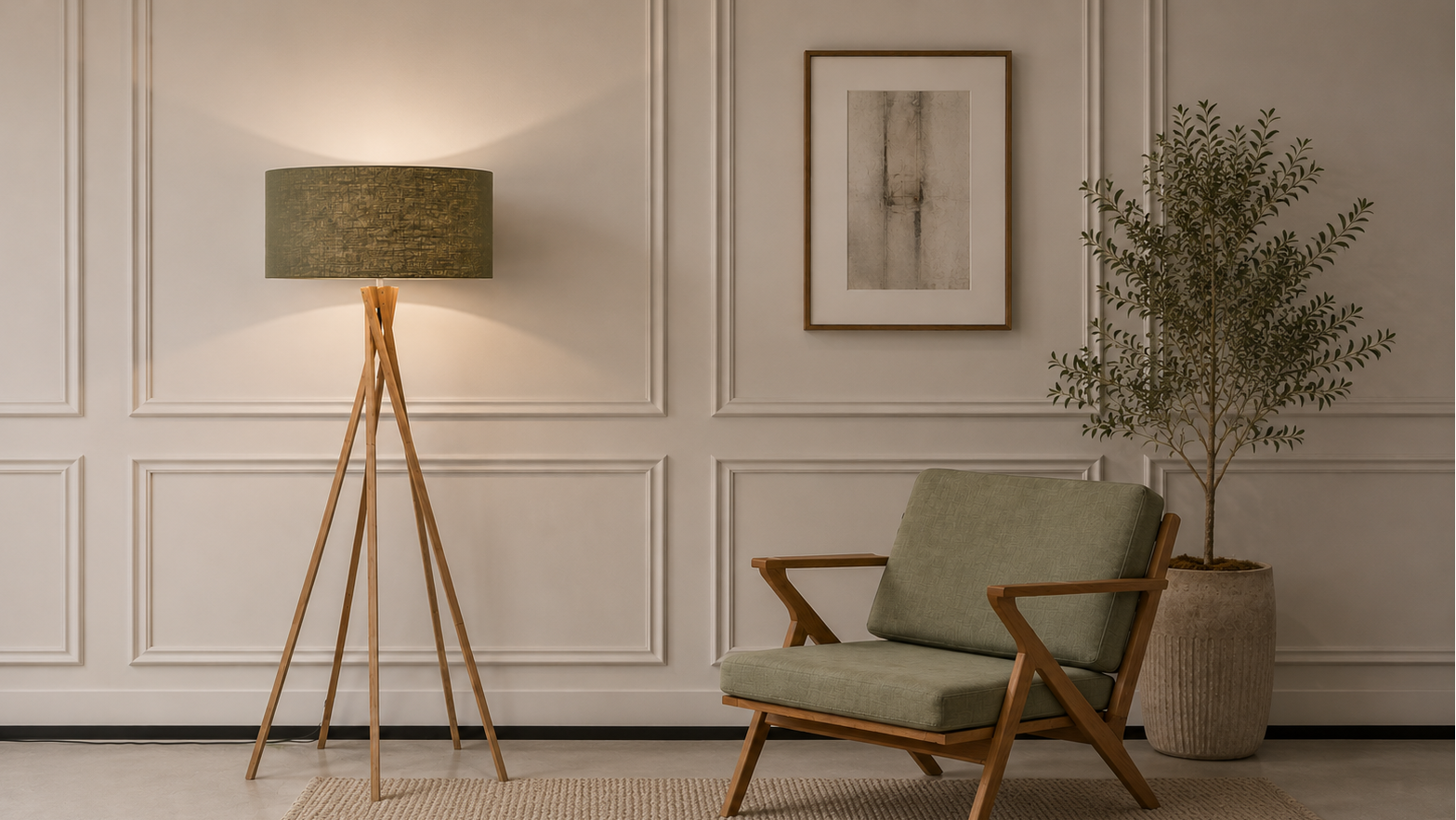Modern living room with a tripod floor lamp, armchair, and decorative plant.
