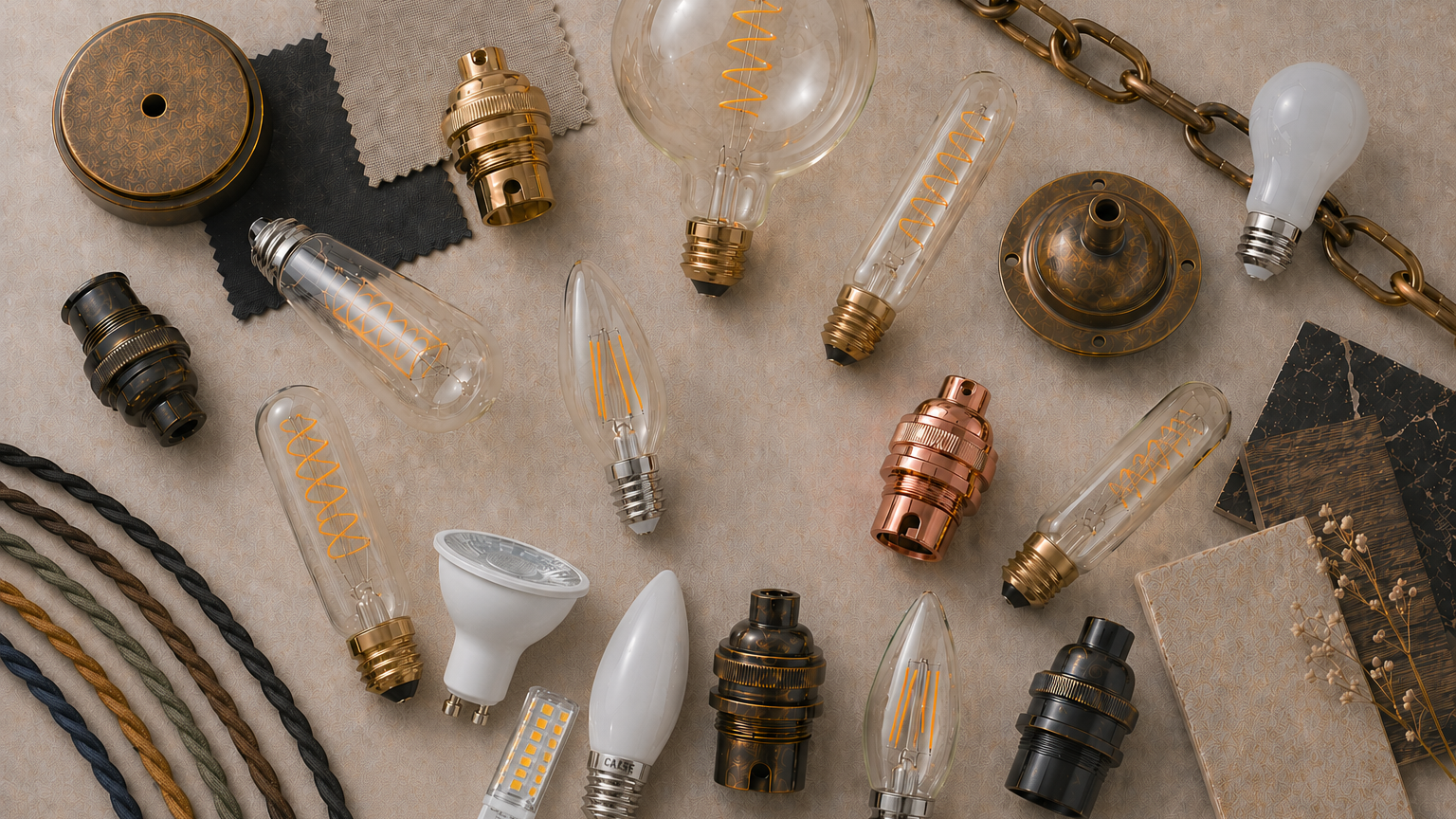 Collection of various light bulbs and decorative components on a textured surface