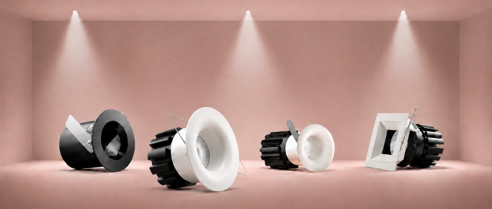 Set of different types of downlights on a pink background