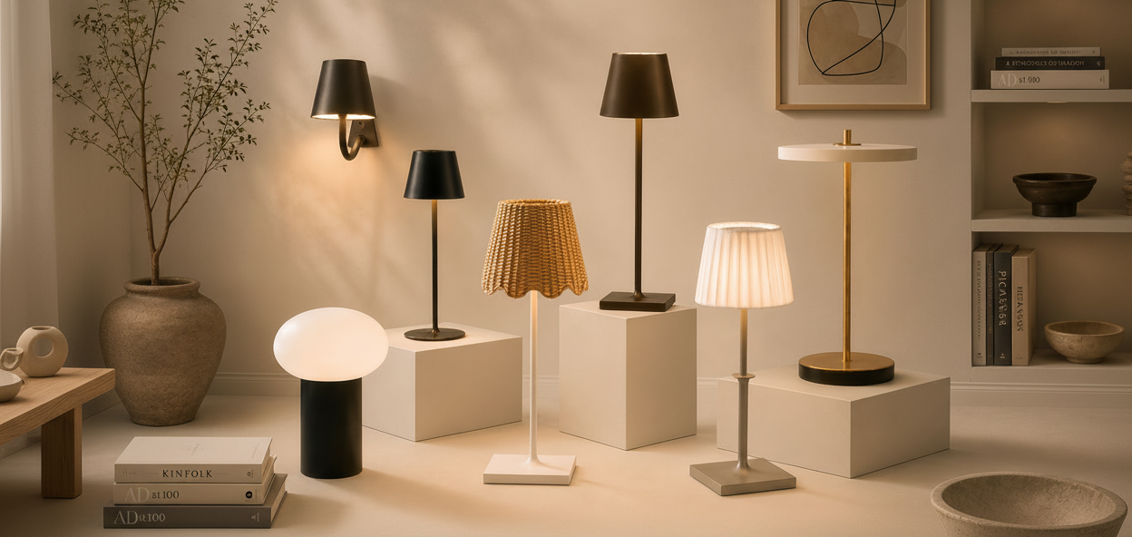 Various rechargeable lamps displayed on a neutral background with books and decor items.