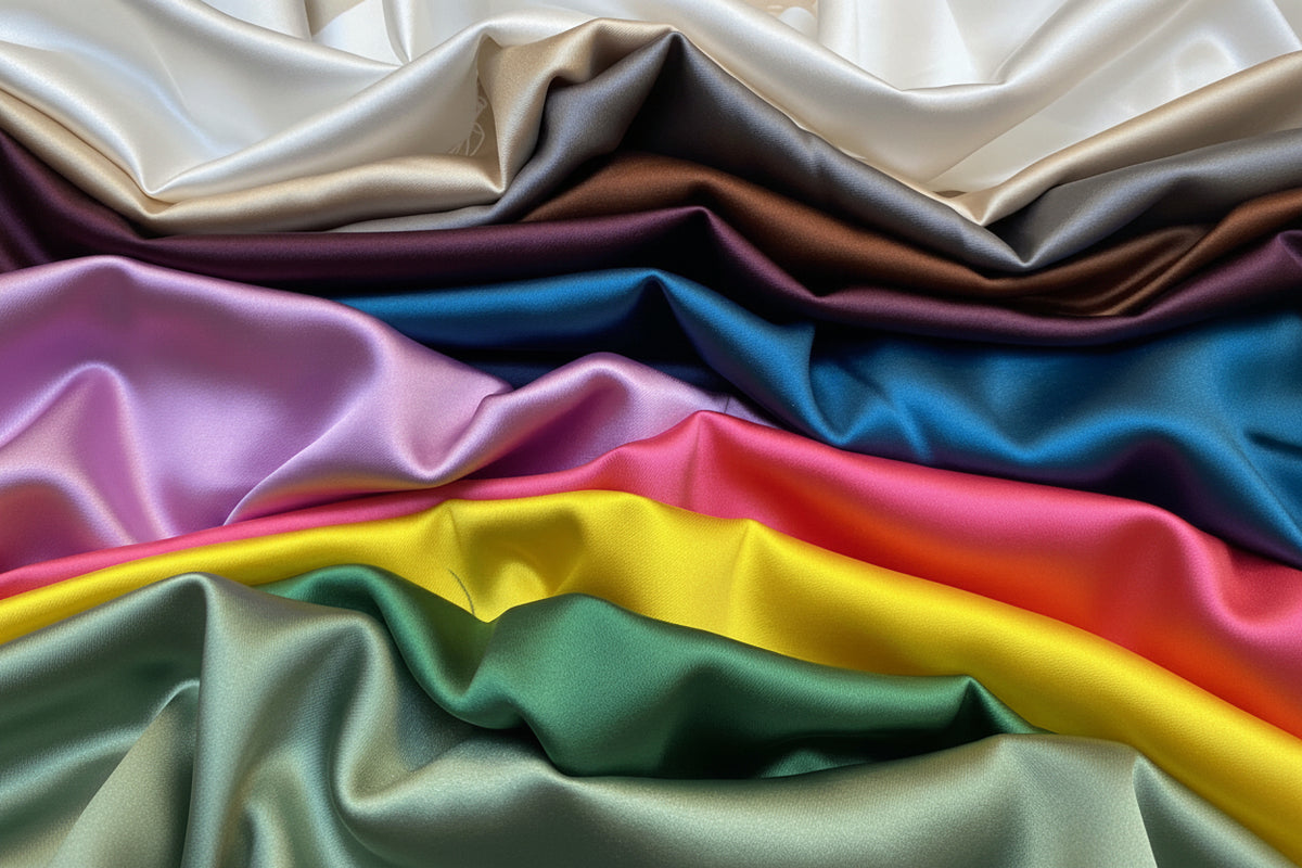 Stack of colorful satin fabrics in various hues.
