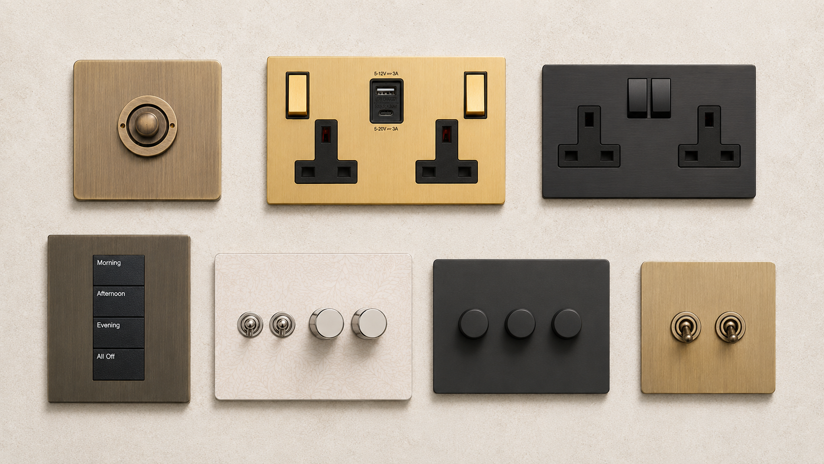 Collection of various light switches and sockets on a beige background