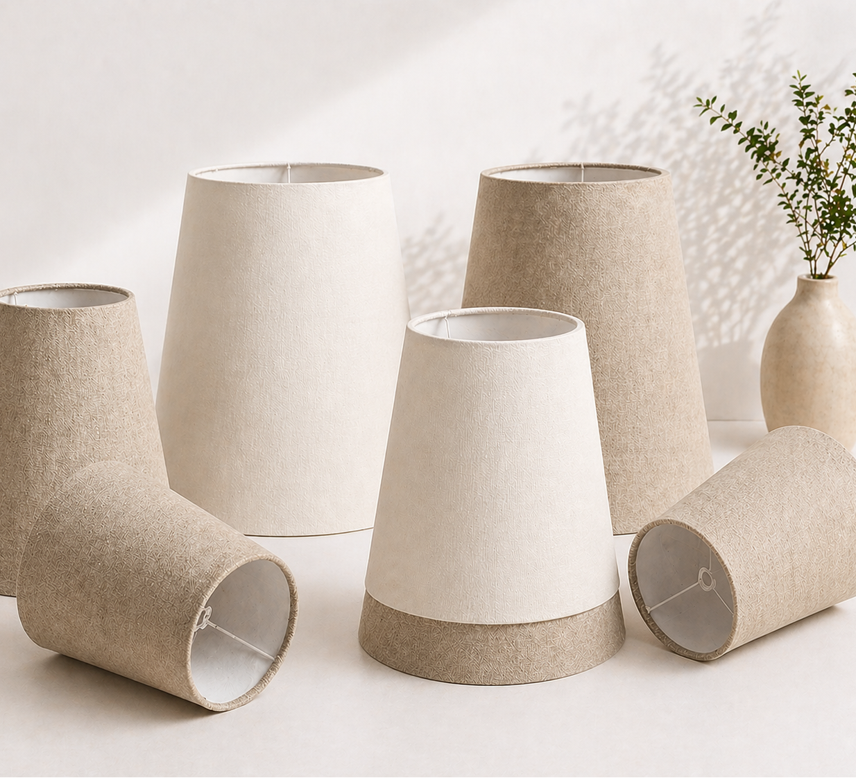 Set of beige and white lampshades on a light background